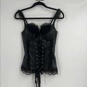 Hot Topic Black Faux Leather and Lace Lace-Up Corset Top